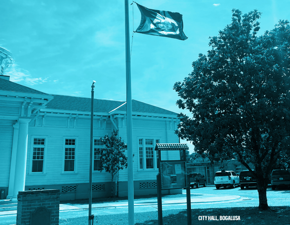 Bogalusa City Hall, in blue, with flag in front