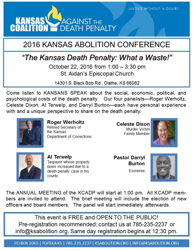 Pastor Darryl Burton, who was wrongfully convicted of murder, Celeste Dixon, who lost her mother to homicide, Al Terwelp, who saw his taxes go up to pay for a death penalty case, and Roger Werholtz, retired Secretary of the Kansas Department of Corrections.