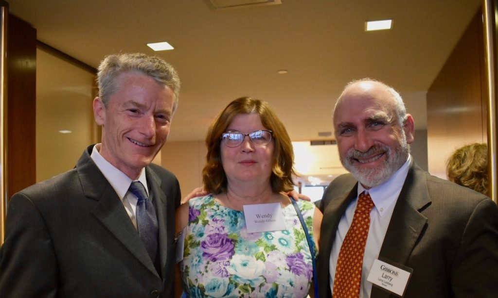 The Honorable Robert J Gilson, former Gibbons Clerk, (left) and his wife, Wendy with Larry Lustberg, Chair of the Gibbons Criminal Defense Department, longtime Director of the John J. Gibbons Fellowship in Public Interest & Constitutional Law, and member of the Fund launch committee