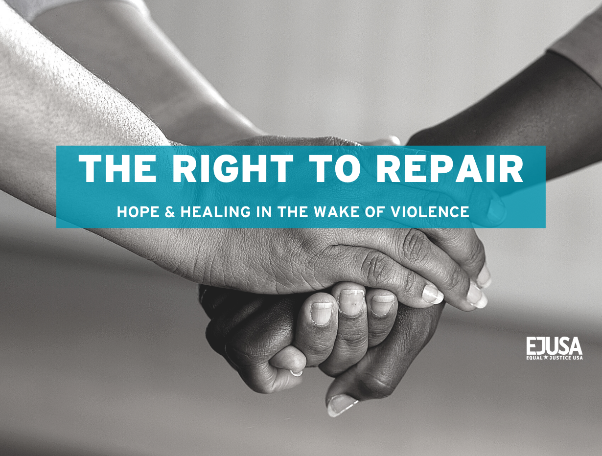 A poster for the event reads "The Right to Repair: Hope and Healing in the Wake of Violence". The words are white text surrounded by a turquoise box. Behind the text, a black and white photo of two hands holding one another.