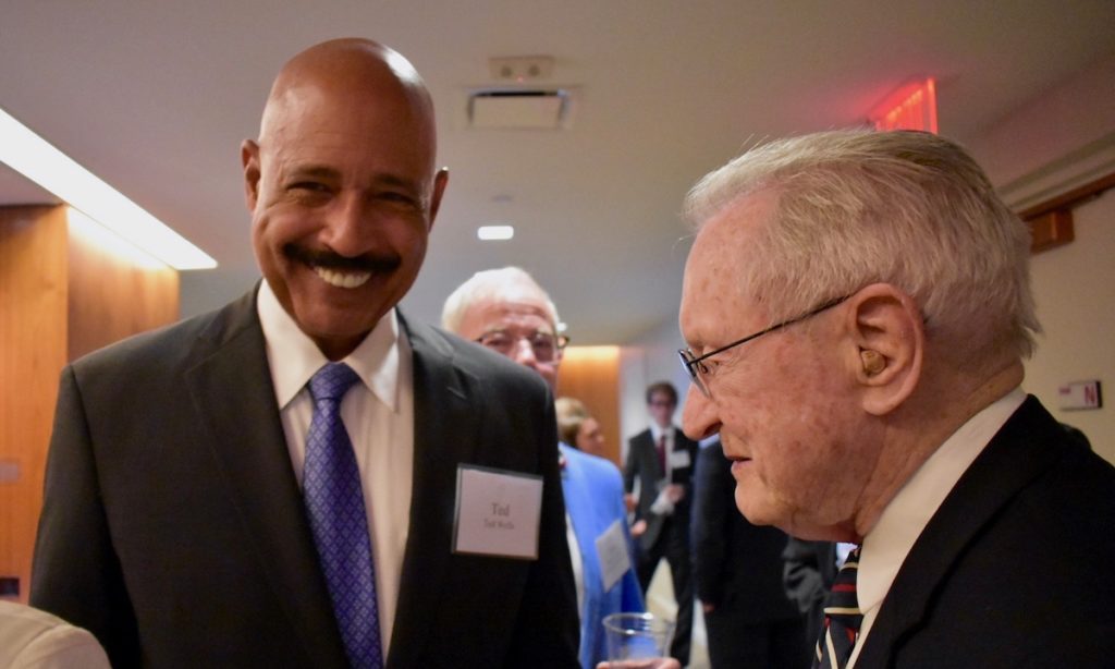 Judge Gibbons greets his former Clerk, Ted Wells, who served on the Fund's launch committee